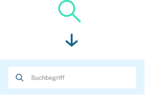 Unter einer Lupe zeigt ein Pfeil auf das Feld Suchbegriff.