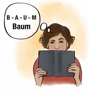 Eine Frau liest in einem Buch. In einer Gedankenblase steht das Wort Baum.