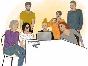 An einem Tisch sitzen unterschiedliche Menschen und besprechen etwas.